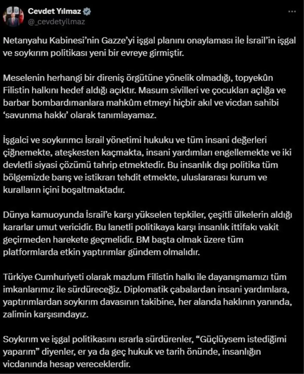 Cevdet Yılmaz’dan İsrail’e Sert Eleştiri